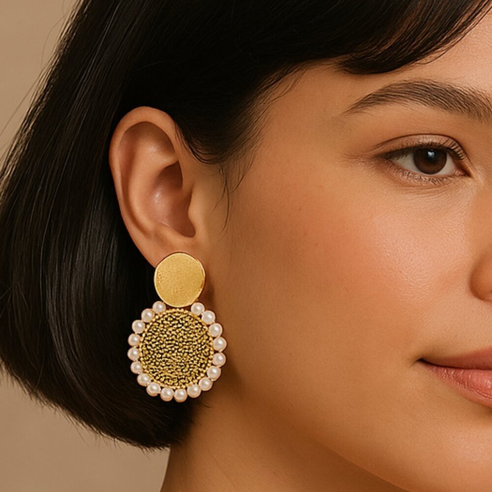 Boho Chic Pearl Circle Earrings 18K Gold Plated S925 Silver Needle - Picture 3 of 10